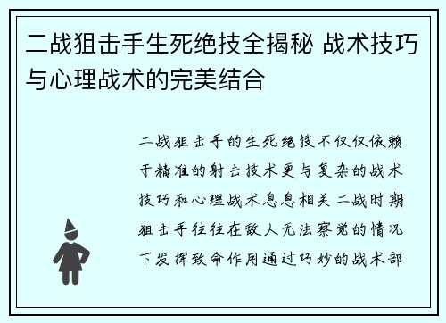 二战狙击手生死绝技全揭秘 战术技巧与心理战术的完美结合